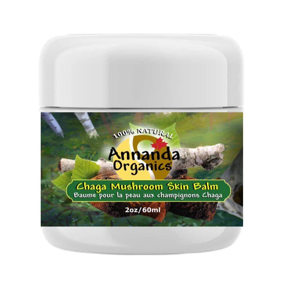 Jar of Annanda Organics Chaga Mushroom Skin Balm with a natural design on the label.