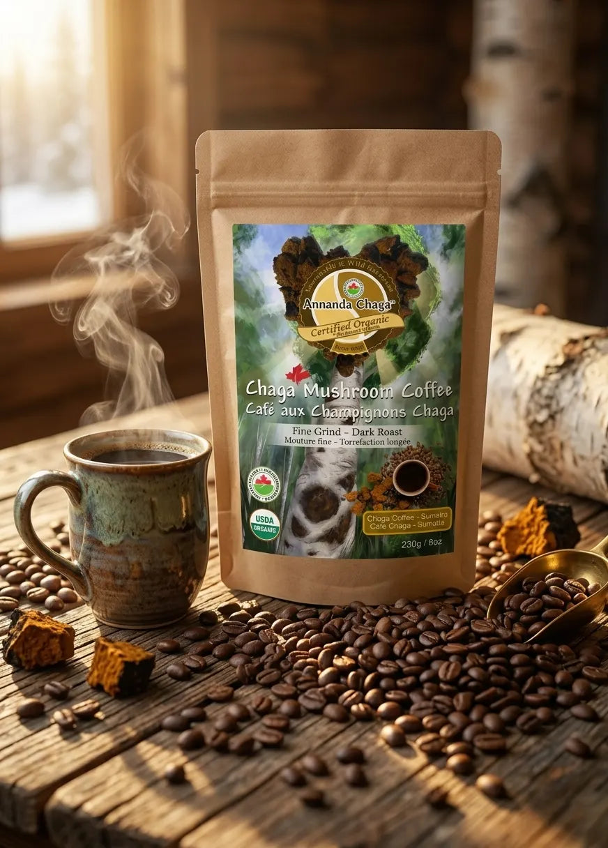A stand-up pouch of Chaga Mushroom Coffee sits on a rustic wooden table surrounded by coffee beans, with a ceramic mug of steaming coffee and birch logs in the background. The package label shows the brand Cammandica Herbs.