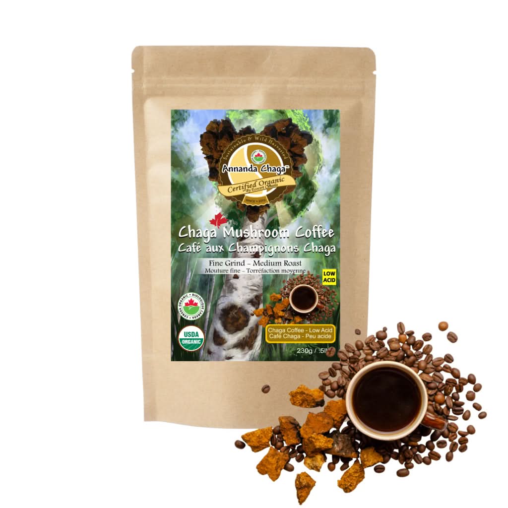 Low Acid Mushroom Coffee, chaga coffee, organic coffee, annanda chaga coffee, coffee mushroom