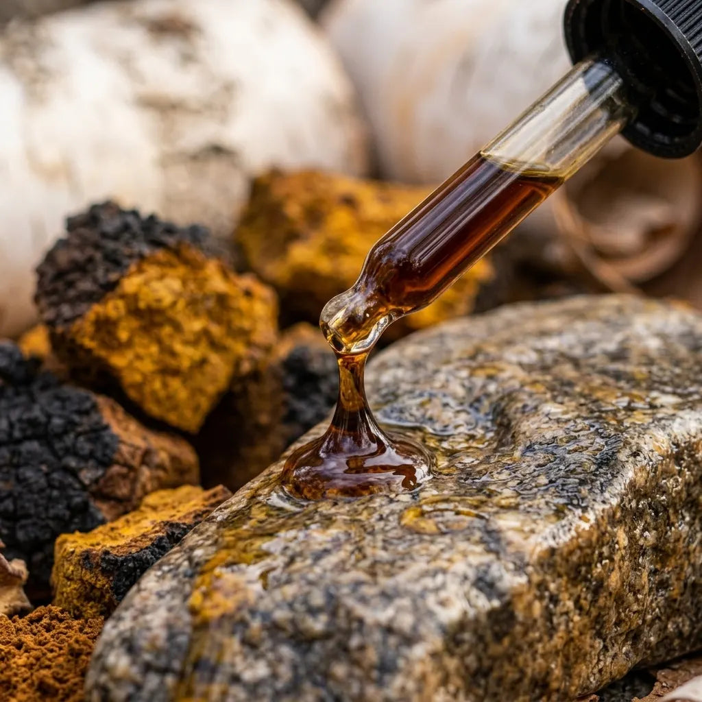 Chaga Tincture Dropper close up in nature setting