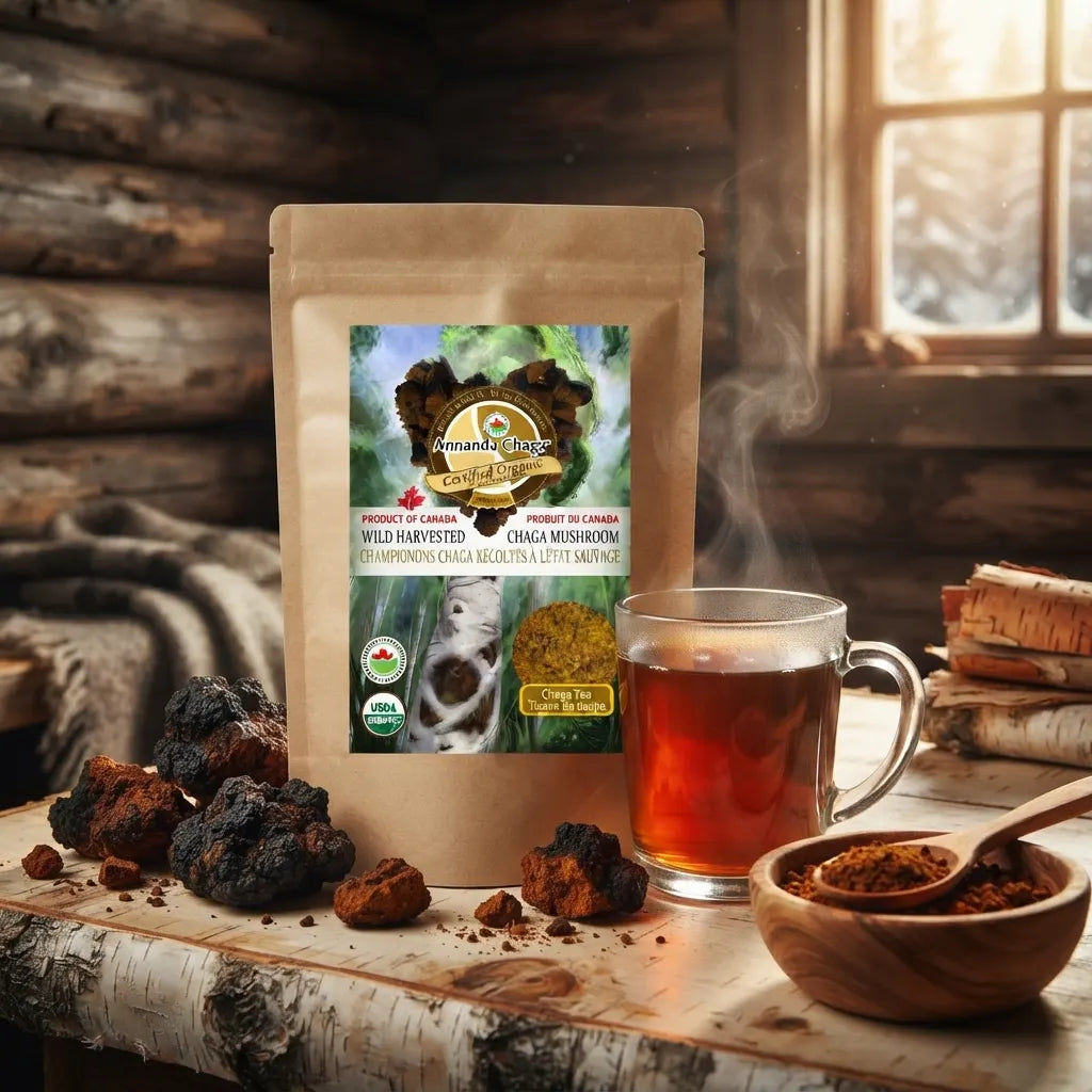 Annanda chaga tea in cabin scene with hot tea cup and chaga chunks