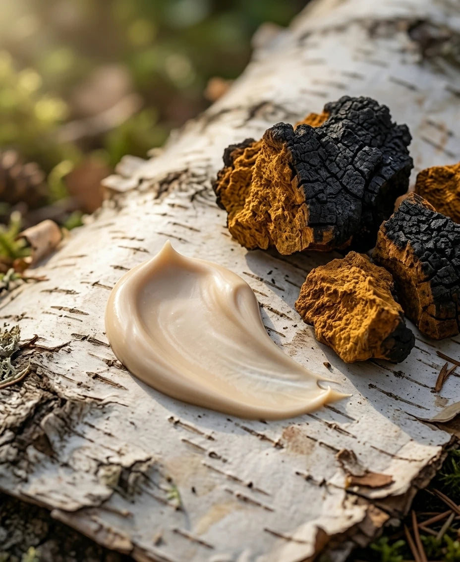 chaga lotion texture on birch bark