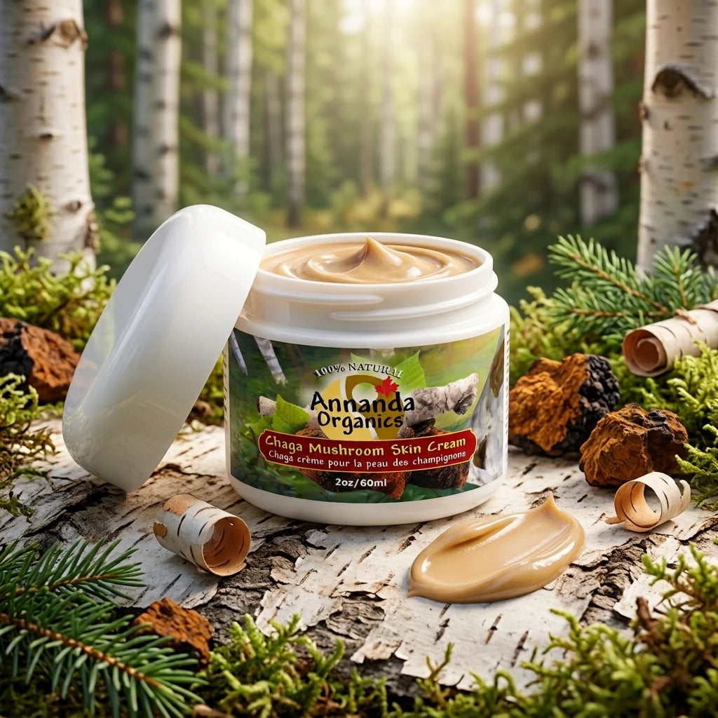 Annanda Chaga mushroom skin cream in forest background