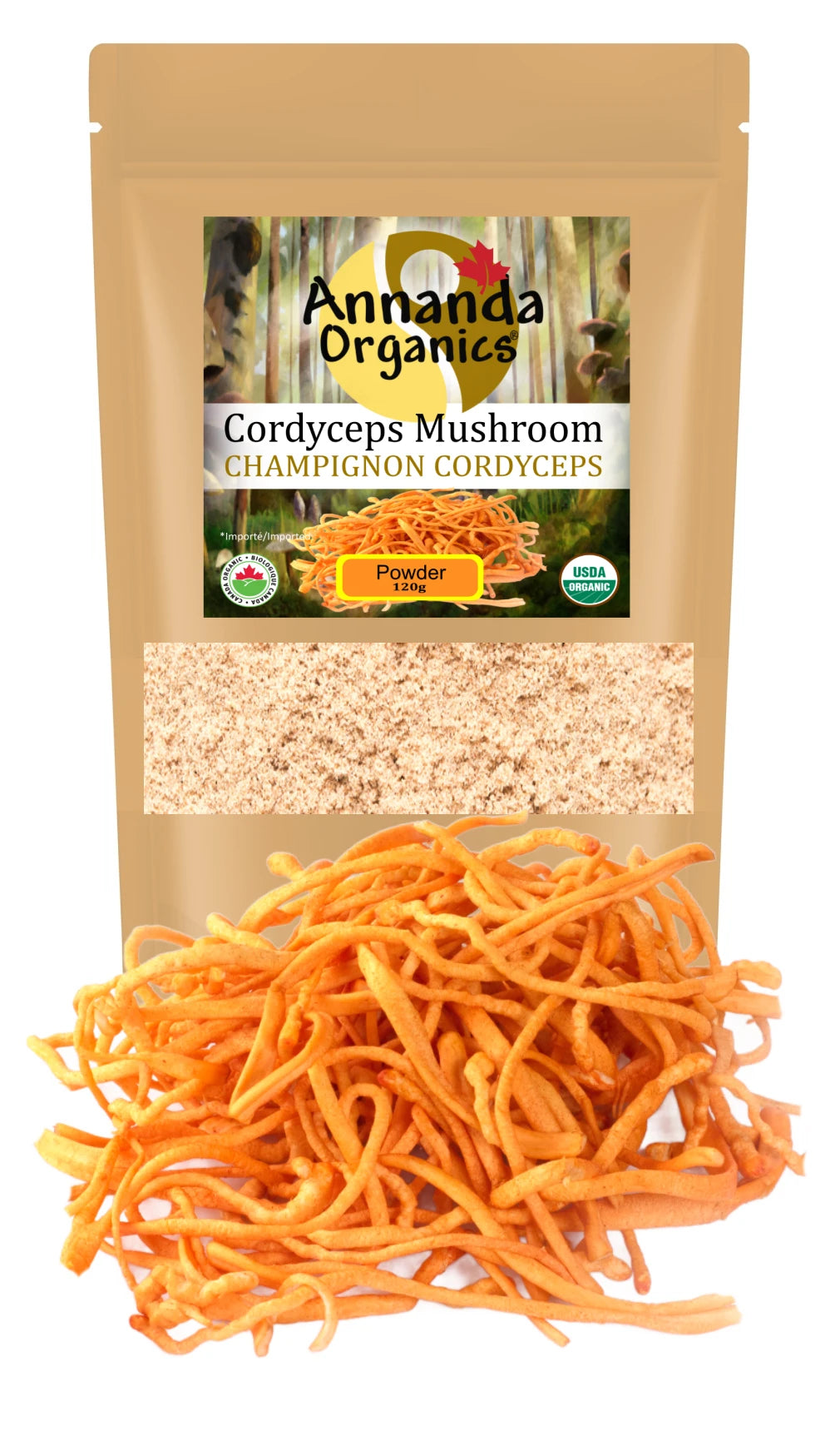 Annanda Organic Cordyceps Powder, wtih cordyceps mushrooms in front