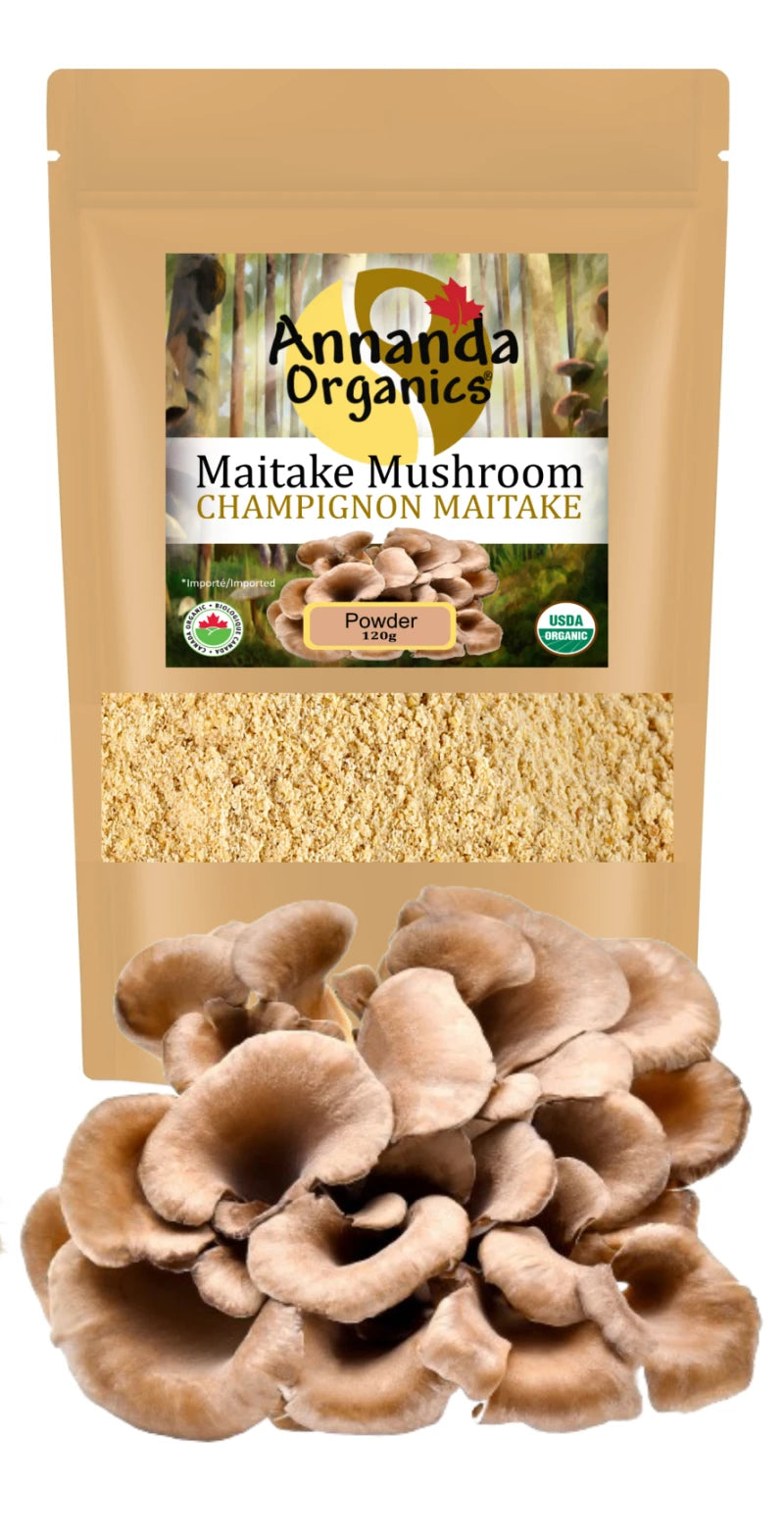 Annanda Organic Maitake Powder with Maitake mushrooms in front