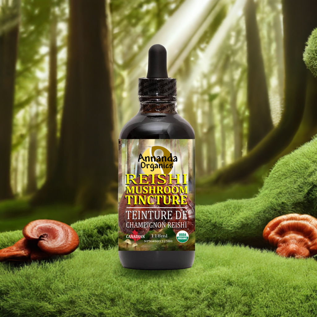 Bottle of Reishi Mushroom Tincture with mushrooms on grass and trees in the background
