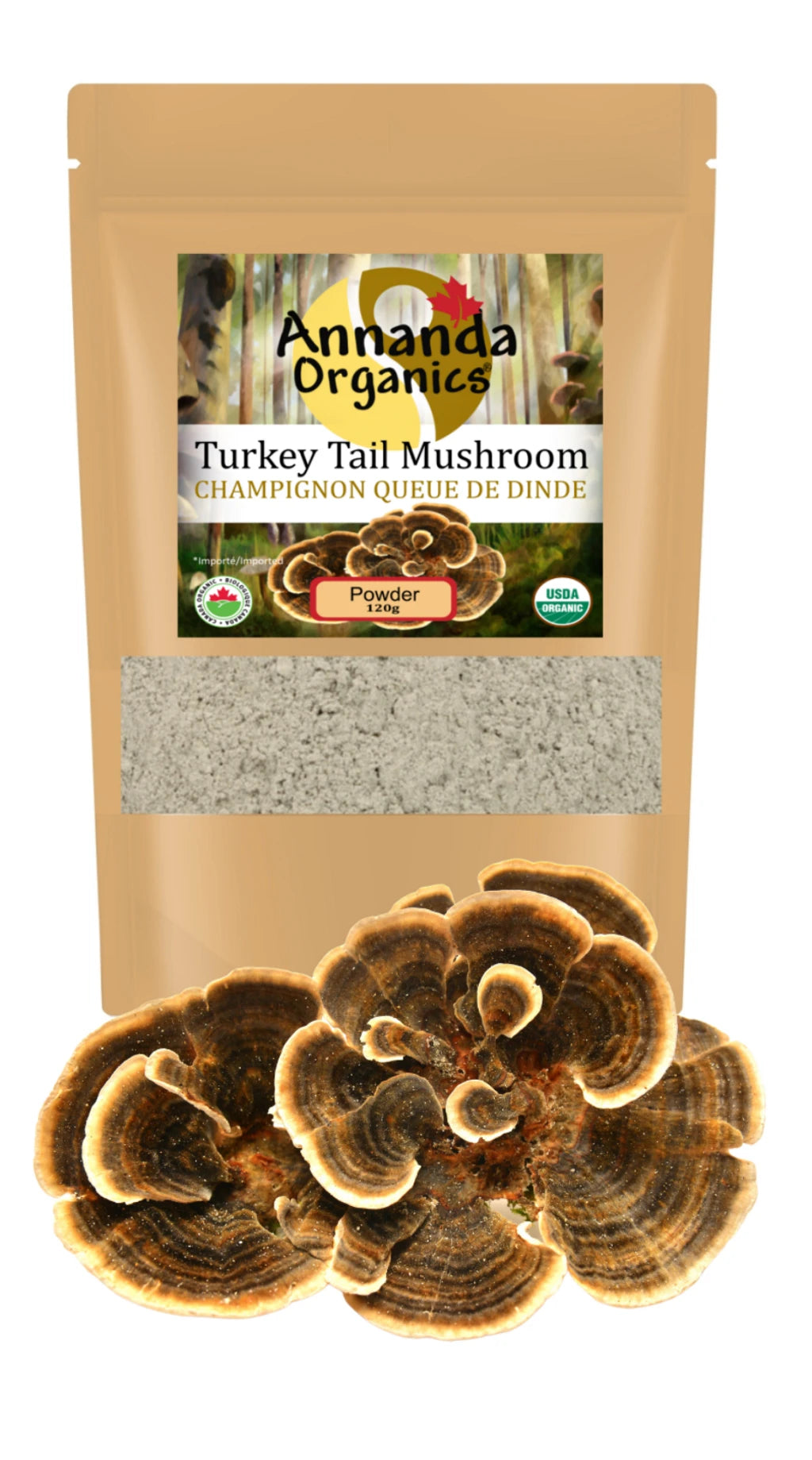 Ananda Organics Turkey Tail Mushroom package with mushrooms displayed in front on a white background
