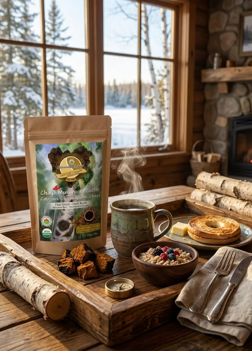 A stand-up pouch of Chaga Mushroom Gummies is displayed on a rustic wooden table in a cozy cabin setting with a steaming mug, pancakes, and breakfast items, with a snowy forest visible through the window behind.
