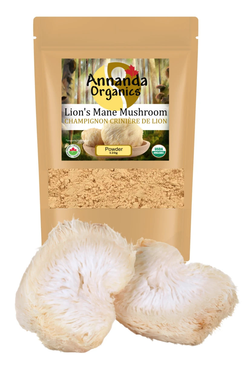 Annanda Organics Lion's Mane Mushroom powder packaging with two lion's mane mushrooms in front.