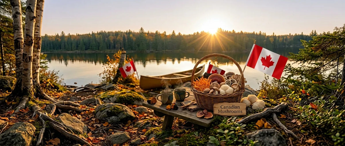 Canadian Mushroom lake scene with canoe and basket of mushrooms
