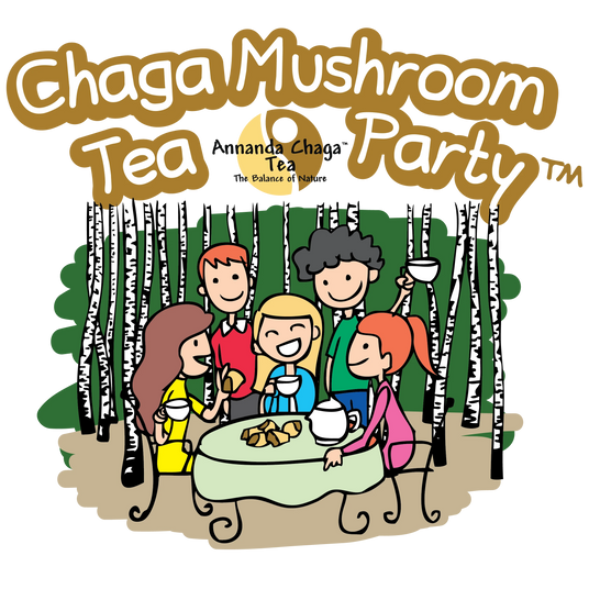 Original Annanda Chaga Tea Party logo showing people gathered around a tea table in a birch forest, symbolizing the educational chaga events, tea tastings, and community presentations that helped introduce many Canadians to chaga.