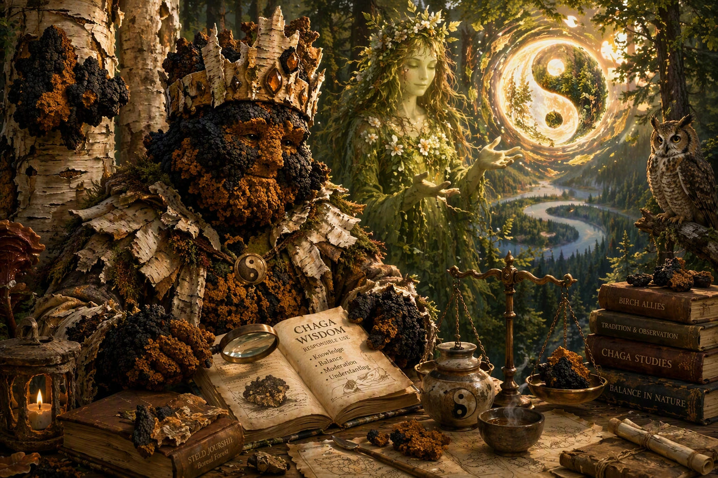 King Chaga reviewing Forest Wisdom beside a living birch tree while Annanda, Spirit of the Forest, illuminates the yin yang symbol representing balance, knowledge, and responsible chaga use.