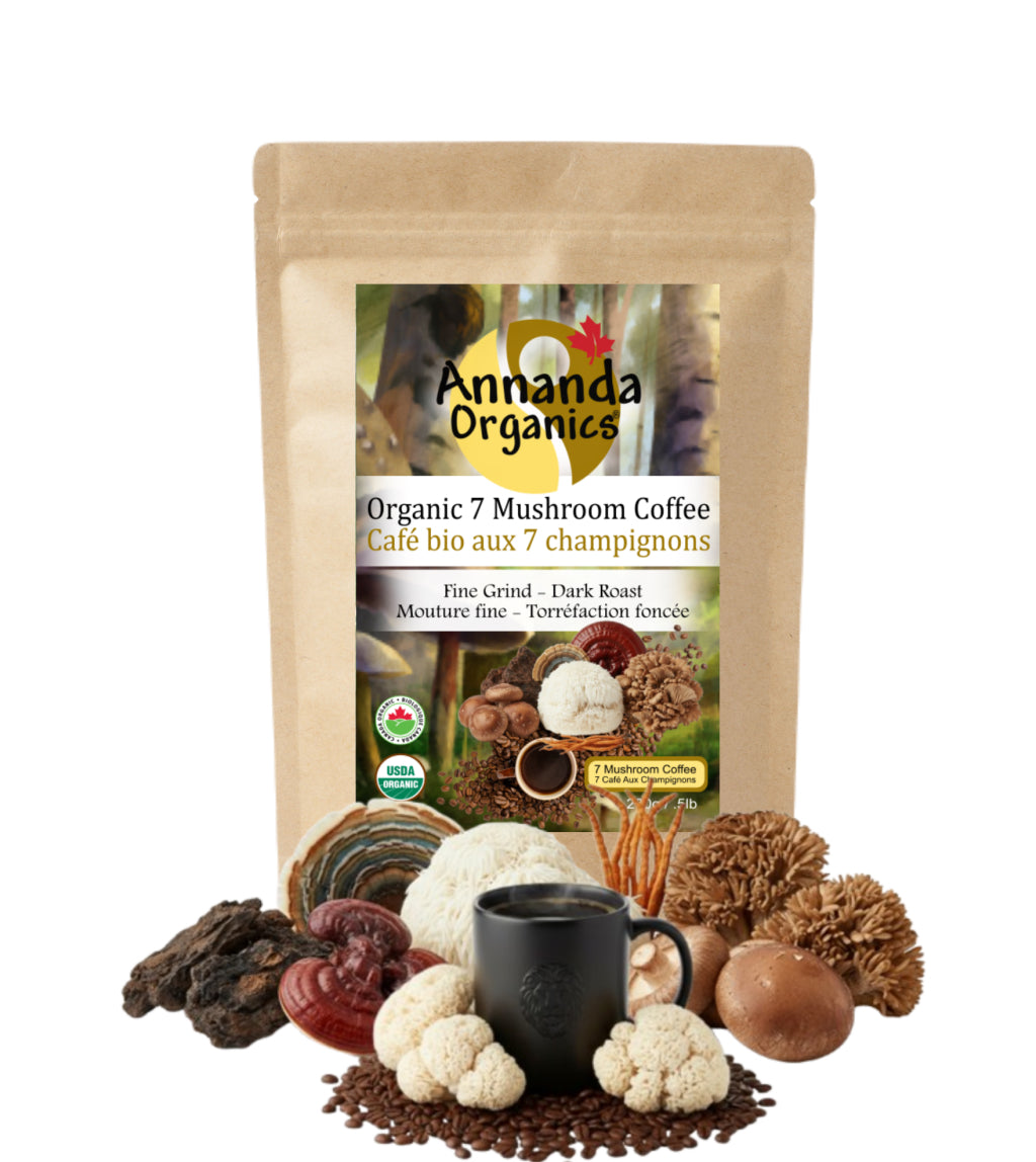 Ananda Organics Organic 7 Mushroom Coffee package with mushrooms and a coffee cup on a white background