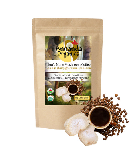 Ananda Organics Lion's Mane Mushroom Coffee package with coffee beans and a cup of coffee on a white background