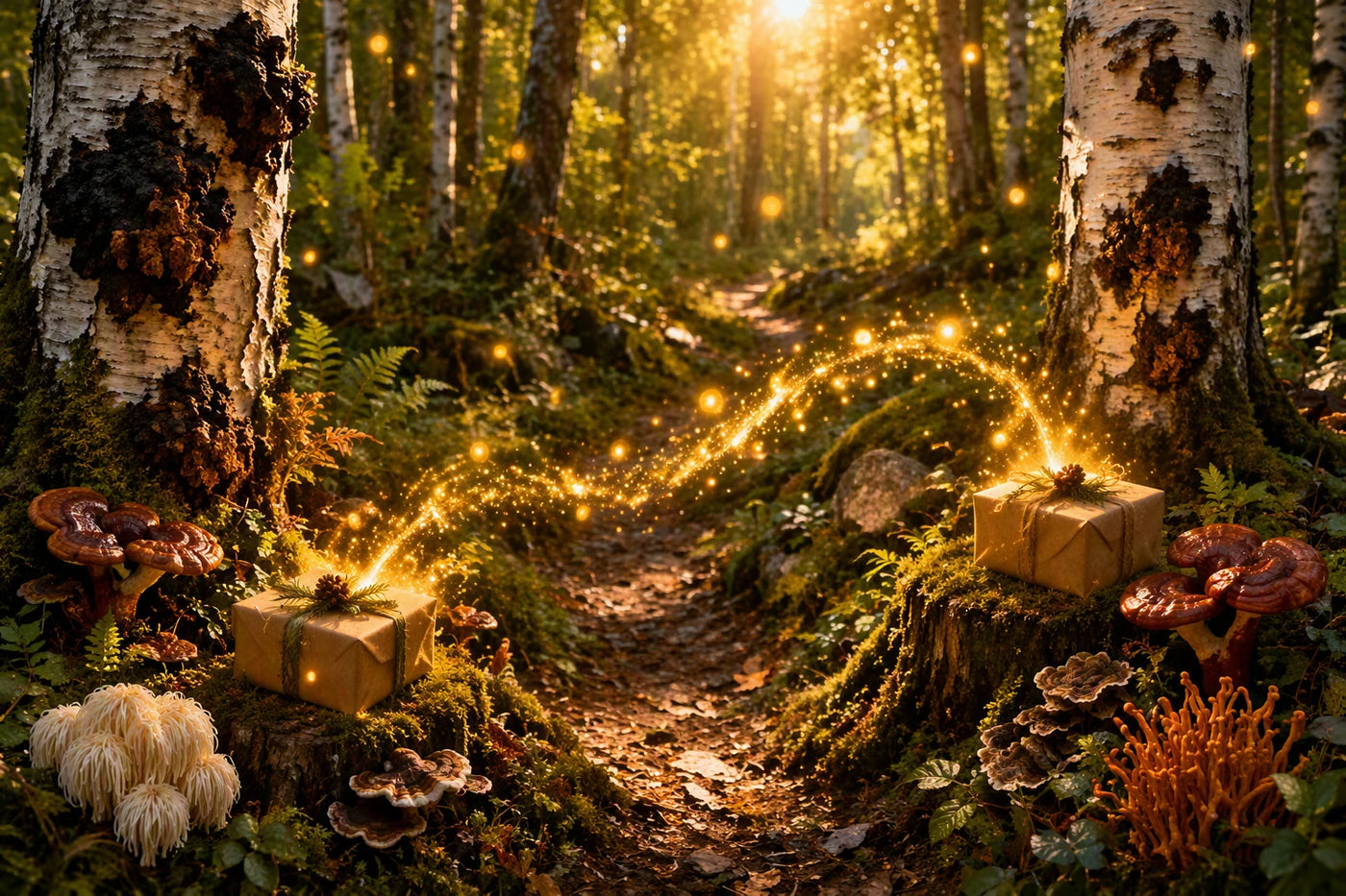 Woodland pathway connecting two gift boxes beneath birch trees with wild chaga and functional mushrooms, symbolizing sharing rewards and growing the Circle of Healing through Annanda's refer-a-friend program.