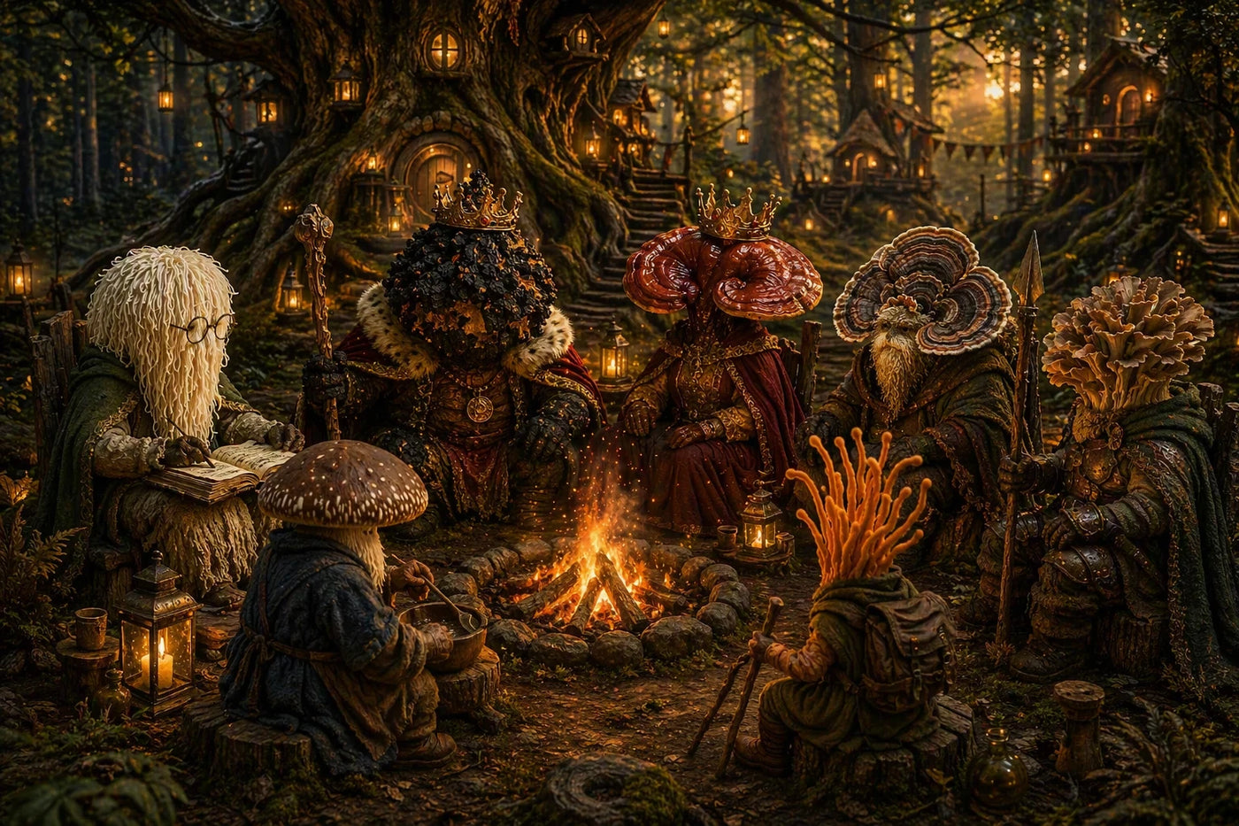 The seven Mushroom Kingdom guardians gathered around a forest fire within the Harvest Sanctuary, surrounded by lantern-lit woodland dwellings and ancient Northern Ontario forest trees.