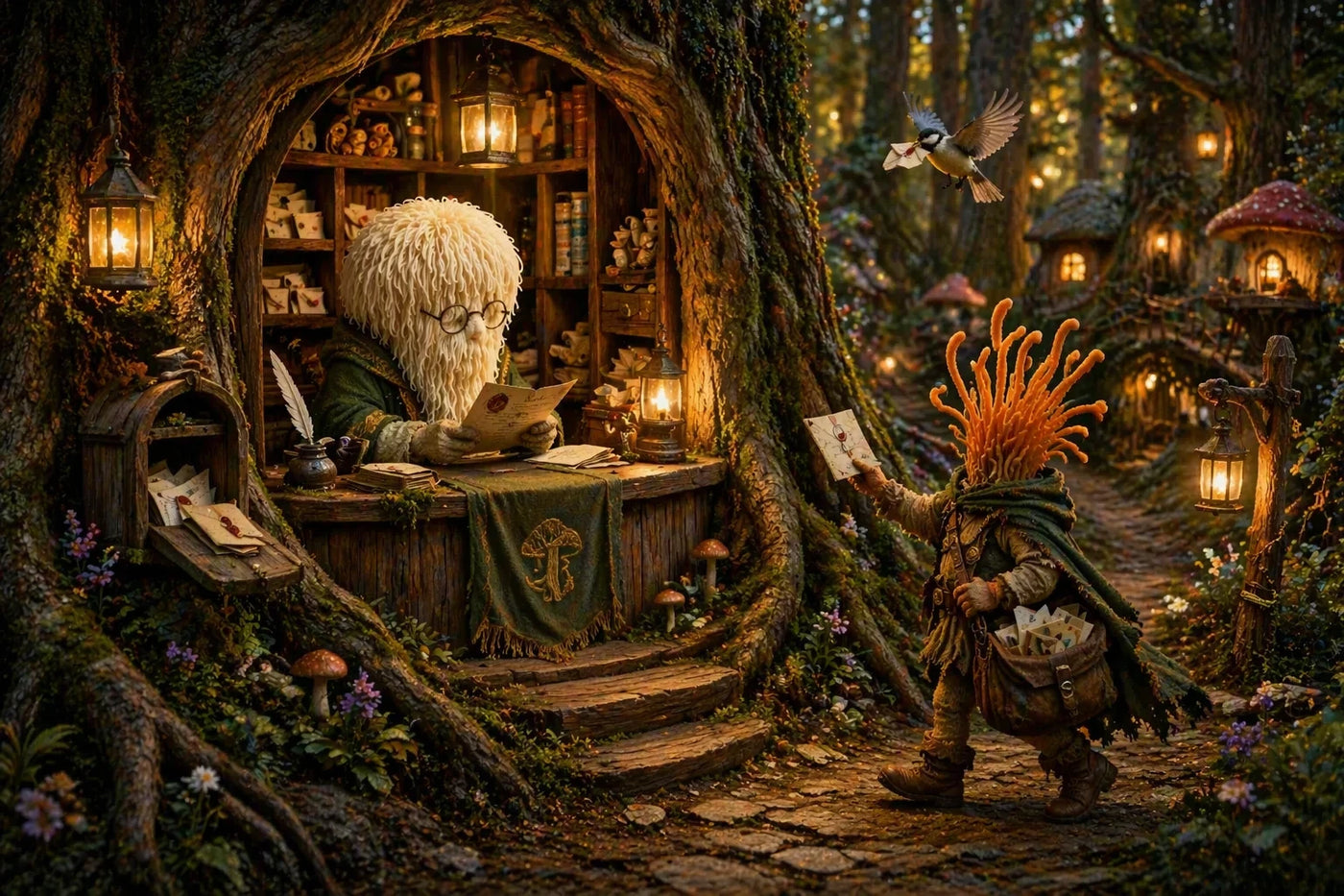 Lion's Mane Sage working in the Mushroom Kingdom forest post office while Cordyceps Trailblazer delivers letters along a woodland path beneath lantern-lit trees.