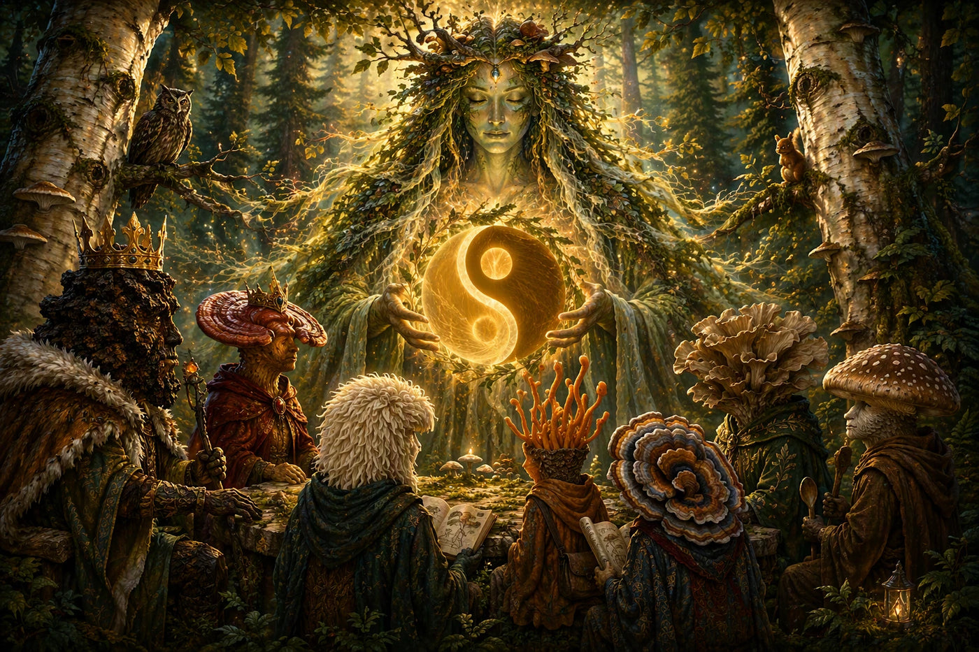 Annanda, Spirit of the Forest, guiding the balance of mushrooms, trees, wildlife, and ecosystems in the Canadian Boreal Forest, reflecting the Forest Wisdom philosophy and respect for nature.