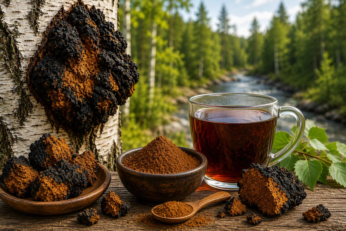 Glass mug of dark amber chaga tea with wild chaga growing on birch bark in a Northern Ontario forest setting.