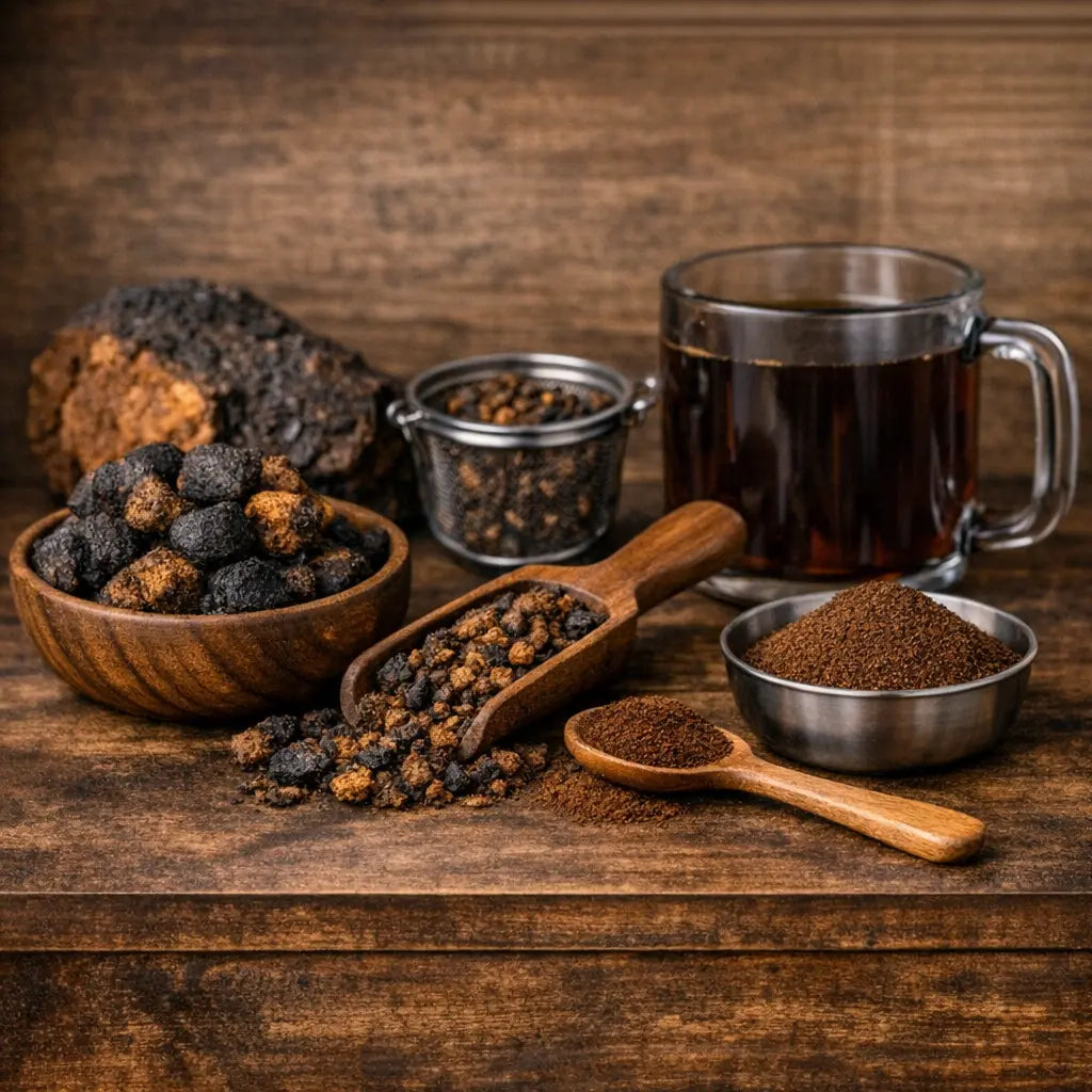 Chaga tea prepared from chaga chunks, tea-cut chaga, and chaga powder beside a cup of brewed chaga mushroom tea