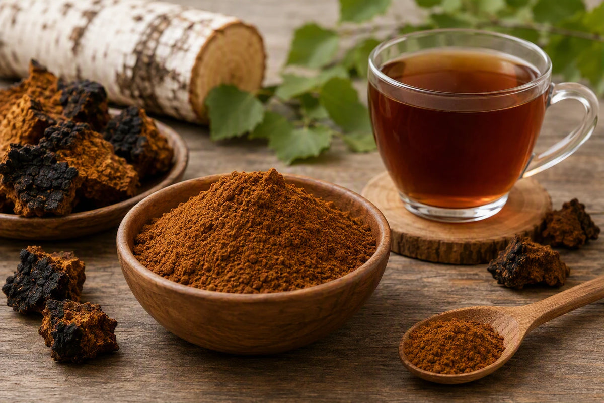 Finely ground chaga powder in a wooden bowl with a cup of chaga tea, chaga chunks, and birch bark on a rustic wooden table.