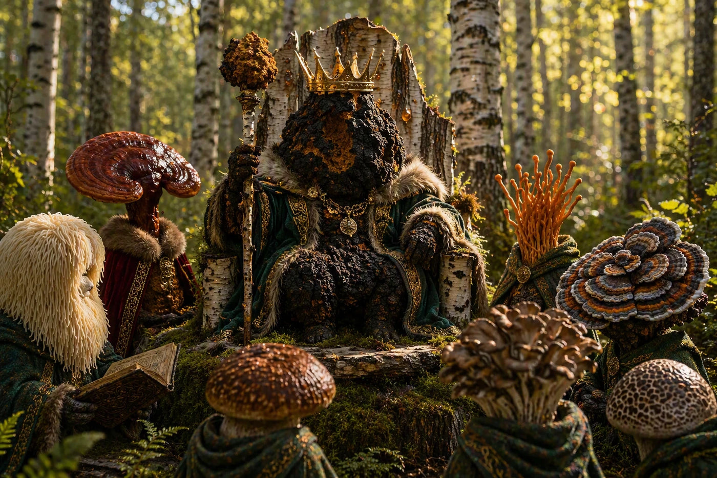 King Chaga seated upon a birch throne in the Canadian Boreal Forest beneath the Forest Wisdom yin yang symbol, representing stewardship, balance, and respect for the forest.