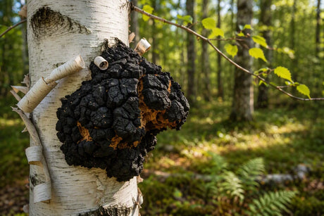 Wild chaga mushroom growing on a living birch tree in a northern forest