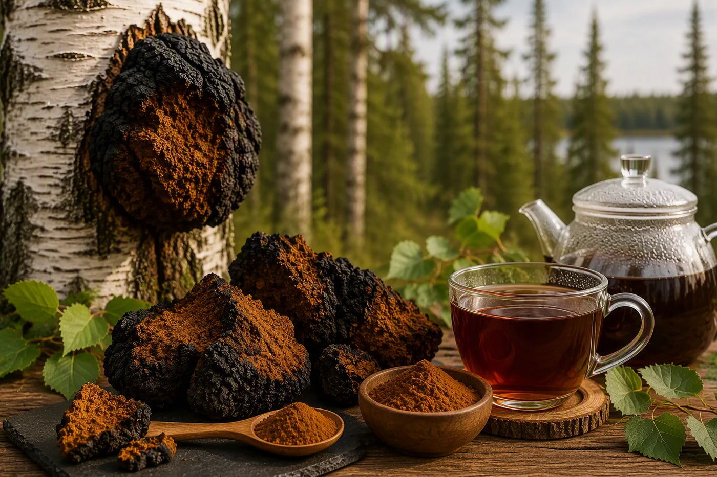 Chaga mushroom on a birch tree with chaga chunks, powder, and brewed chaga tea.