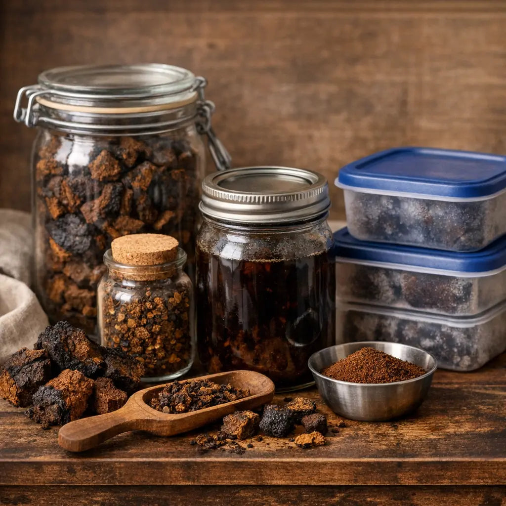 Dried chaga chunks and brewed chaga tea stored in sealed jars and containers