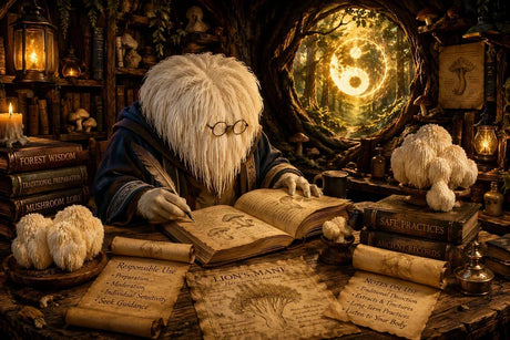 Lion's Mane Sage studying traditional lion's mane preparation methods and responsible use in the Forest Wisdom archives, surrounded by lion's mane mushroom specimens, books, and ancient scrolls.