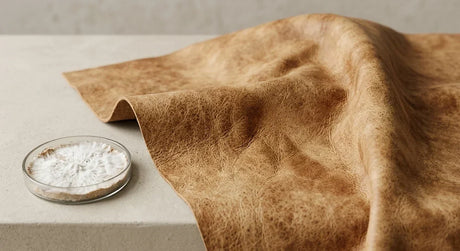 Sheet of mushroom leather made from fungal mycelium, a sustainable alternative to traditional animal leather.