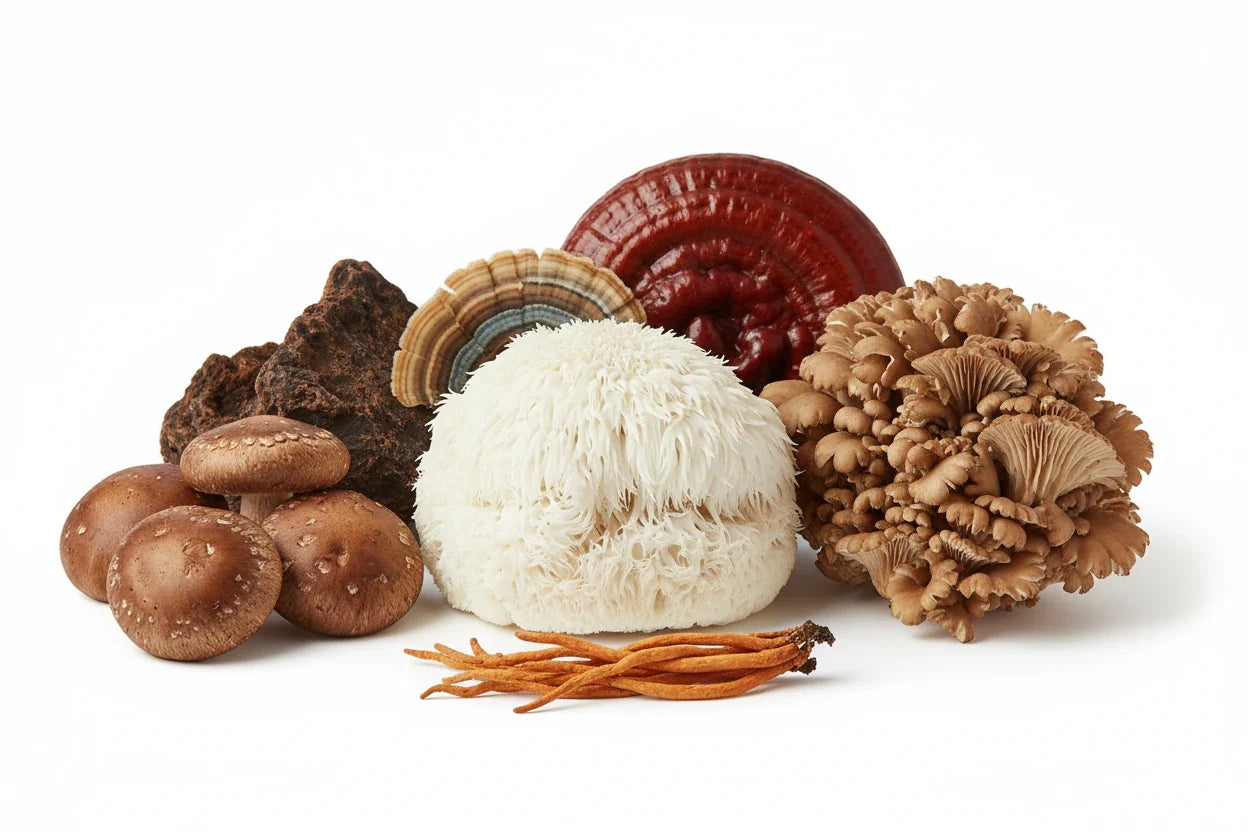 7 mushrooms on white background