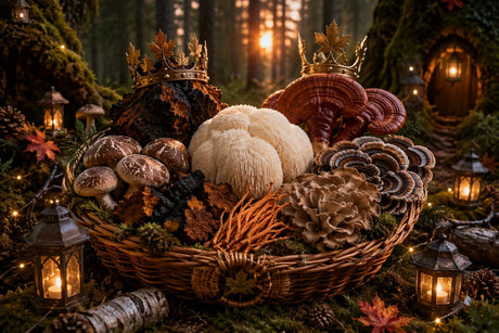 King Chaga and Queen Reishi seated upon their thrones as the Mushroom Kingdom council gathers beneath the Forest Wisdom yin yang symbol representing wild-harvested chaga and organically cultivated functional mushrooms.