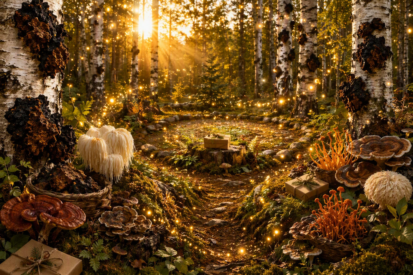 Sunlit Canadian birch forest featuring wild chaga, lion's mane, reishi, turkey tail, and cordyceps mushrooms surrounding a circular woodland clearing with glowing golden lights and gift boxes symbolizing Annanda Rewards.