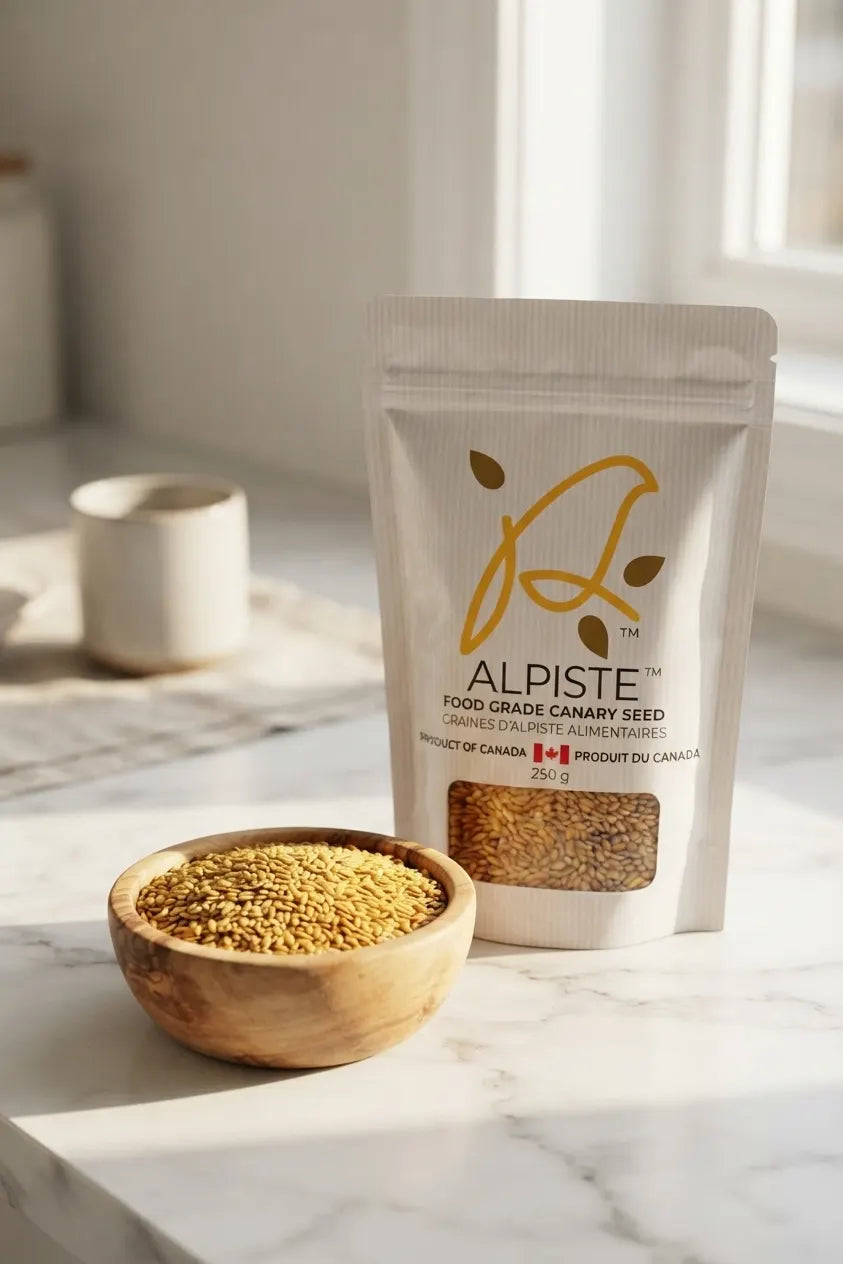 Annanda Alpiste with wooden bowl of seeds in warm sunlight kitchen