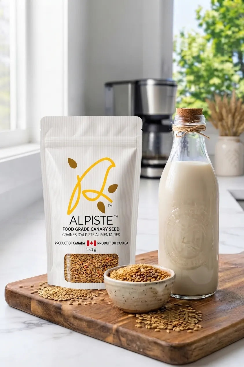 Annanda Alpiste Seeds with Alpiste Milk and bowl of alpiste on wooden board in kitchen