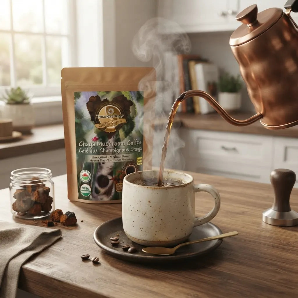 chaga mushroom low acid coffee brewing scene