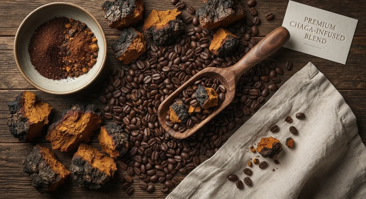 A styled flat-lay of a premium chaga-infused coffee blend, showing raw chaga mushrooms, roasted coffee beans, a wooden scoop, a bowl of ground coffee, and a beige cloth with scattered beans on a dark wooden table.