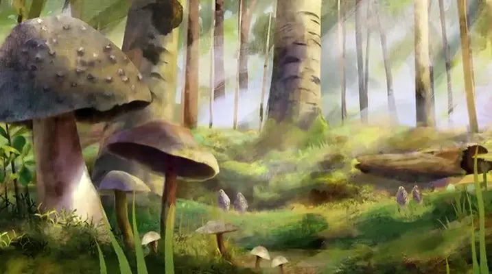 Mushroom forest with large mushrooms and greenery
