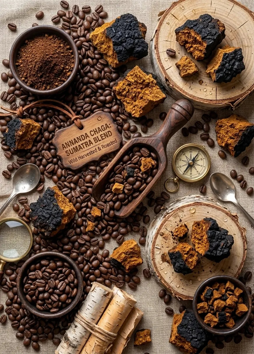 A styled flat-lay of Amanda Chaga Sumatra Blend coffee, featuring chunks of dark brown and black chaga mushrooms, ground coffee, whole coffee beans, wooden scoop tools, a brass compass, and birch bark on a textured linen background.