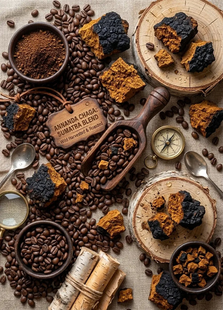 A styled flat-lay of Amanda Chaga Sumatra Blend coffee, featuring chunks of dark brown and black chaga mushrooms, ground coffee, whole coffee beans, wooden scoop tools, a brass compass, and birch bark on a textured linen background.