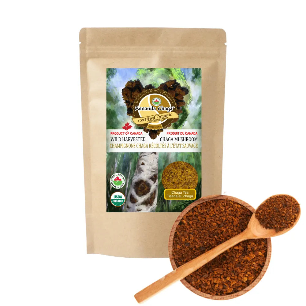 Annanda Chaga tea with bowl of tea and wooden spoon