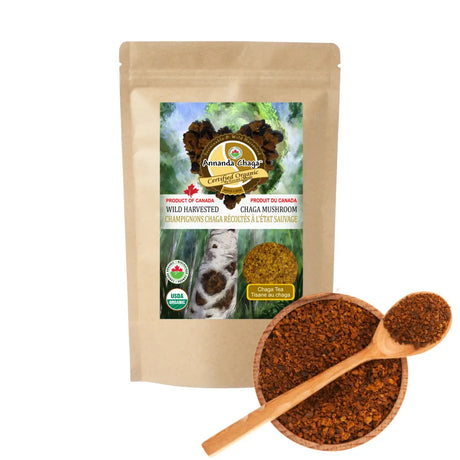 Annanda Chaga tea with bowl of tea and wooden spoon