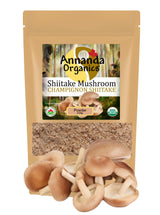 Annanda Organic Shiitake Mushroom Powder with shitake mushrooms in front.