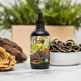 A dark amber glass dropper bottle labeled 'Amanda Organics Chaga Reishi Turkey Tail Mushroom Extract' sits on a light marble surface, flanked by real mushrooms and green foliage in the background.