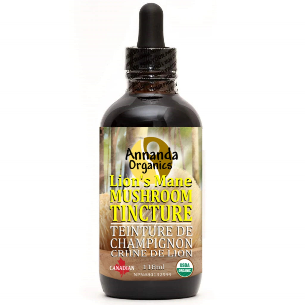 Annanda Organics Lion's Mane Tincture 118ml bottle, triple extracted organic mushroom supplement made in Canada