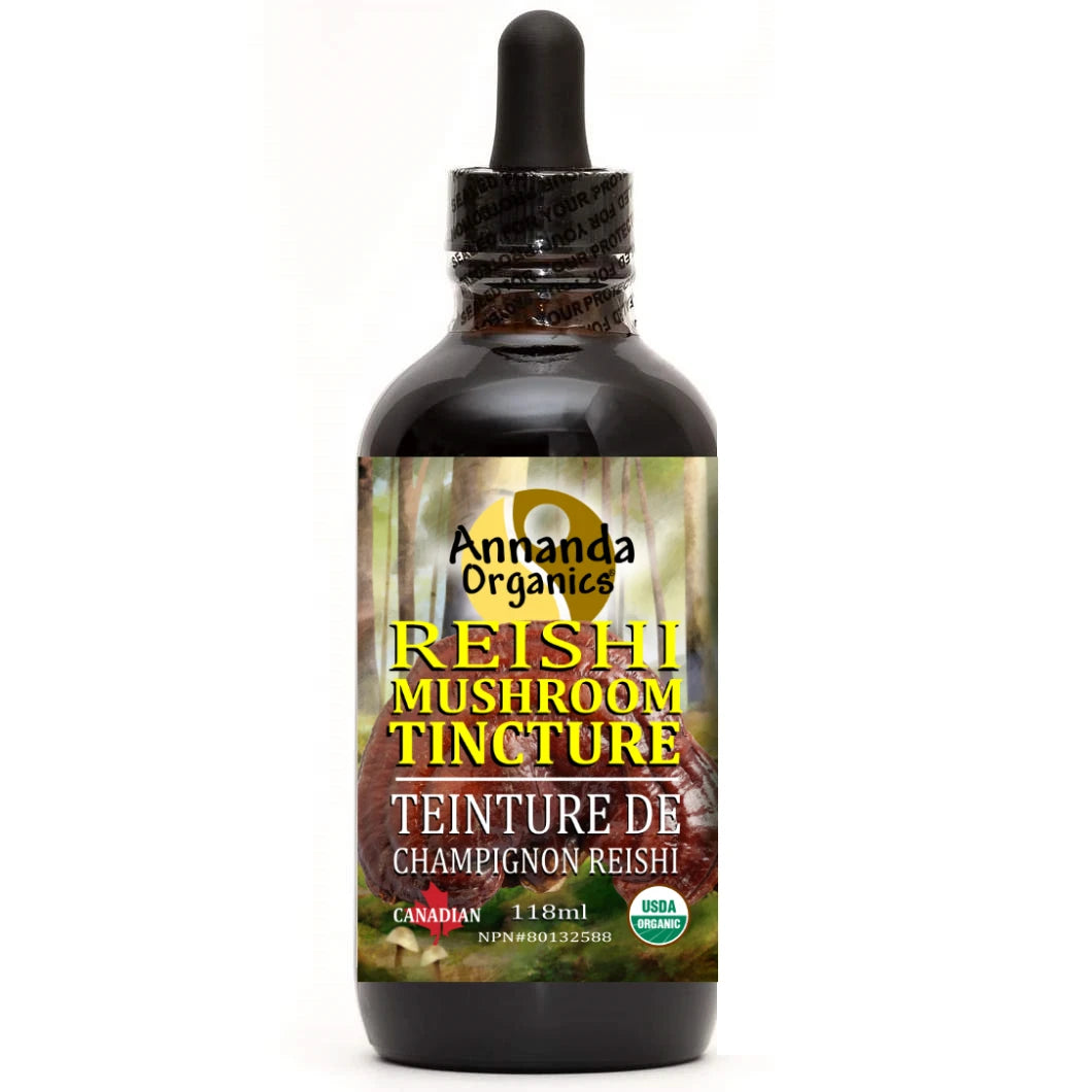 Bottle of Reishi Mushroom Tincture with label on a white background