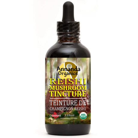 Bottle of Reishi Mushroom Tincture with label on a white background