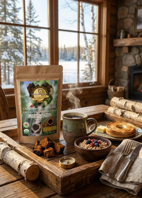A stand-up pouch of Chaga Mushroom Gummies is displayed on a rustic wooden table in a cozy cabin setting with a steaming mug, pancakes, and breakfast items, with a snowy forest visible through the window behind.