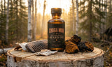 A bottle of Chaga Man Beard Oil stands on a tree stump in a forest setting, surrounded by a wooden comb, beard clippings, and chunks of chaga mushroom. The background shows a blurred golden forest at sunset.